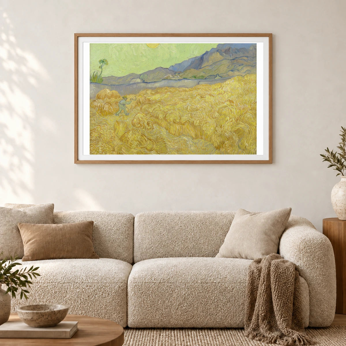 Vincent Van Gogh Wheatfield With A Reaper — Neo-Impressionism shown in a styled interior