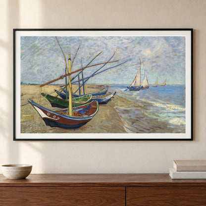 Vincent Van Gogh S Fishing Boats On The Beach At Saintes Maries — Neo-Impressionism shown in a styled interior