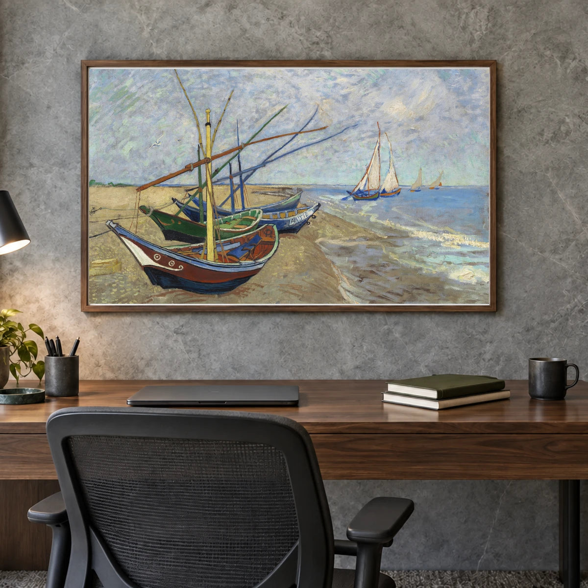 Vincent Van Gogh S Fishing Boats On The Beach At Saintes Maries — Neo-Impressionism shown in a styled interior