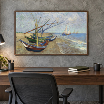 Vincent Van Gogh S Fishing Boats On The Beach At Saintes Maries — Neo-Impressionism shown in a styled interior