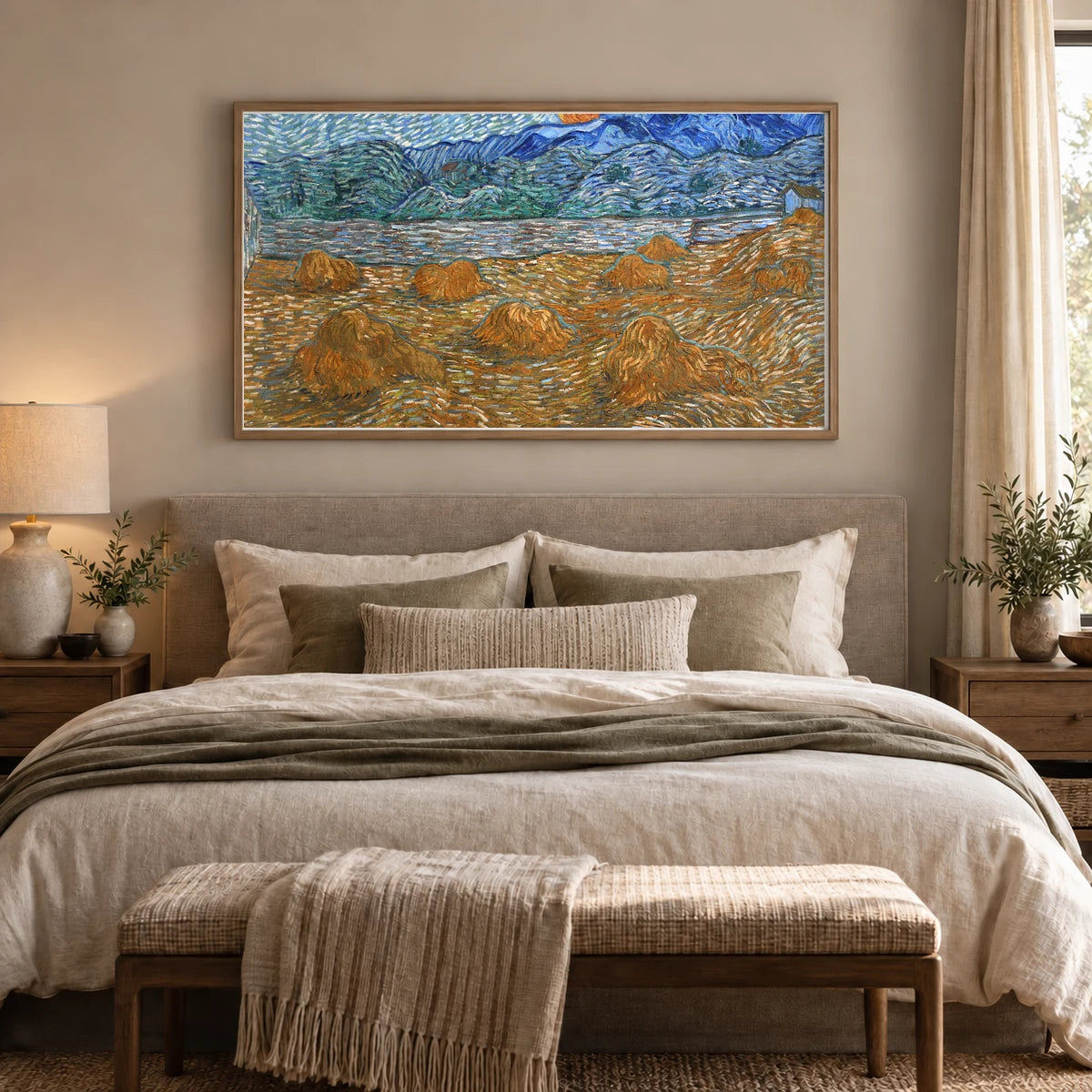 Vincent Van Gogh S Landscape With Wheat Sheaves And Rising Moon (1889) Oil Painting — Neo-Impressionism shown in a styled interior