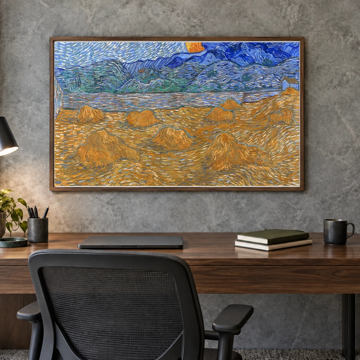 Vincent Van Gogh S Landscape With Wheat Sheaves And Rising Moon — Neo-Impressionism shown in a styled interior
