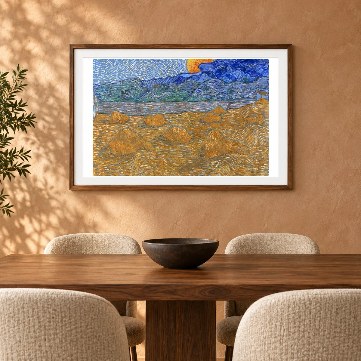 Vincent Van Gogh S Landscape With Wheat Sheaves And Rising Moon — Neo-Impressionism shown in a styled interior