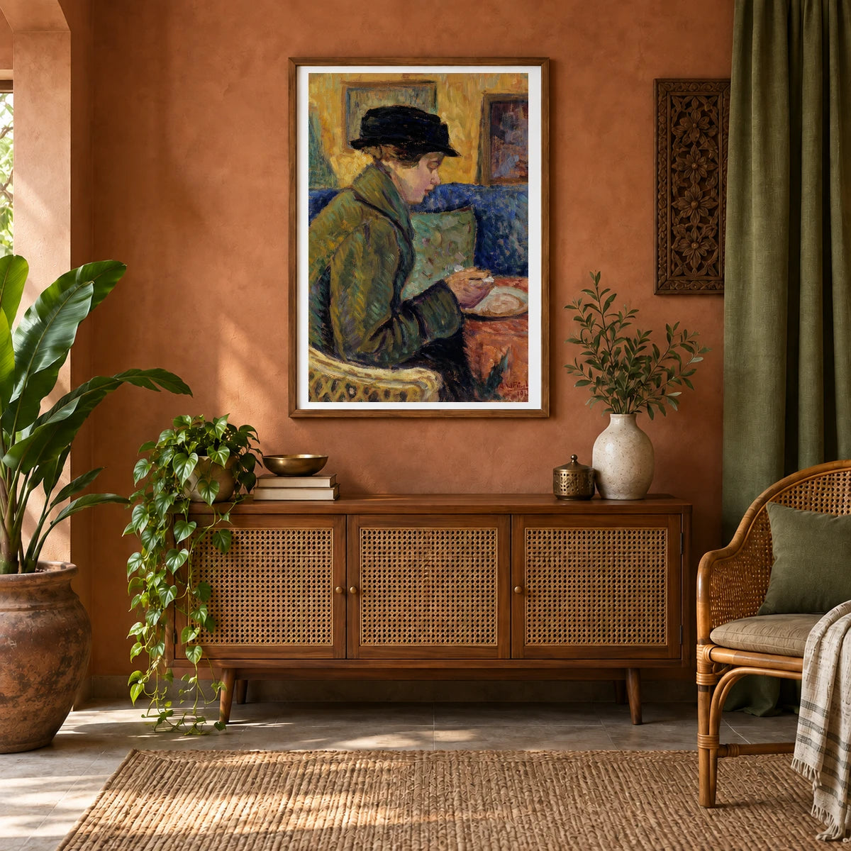 Woman In Profile, 1915, By Alfred William Finch — Neo-Impressionism shown in a styled interior