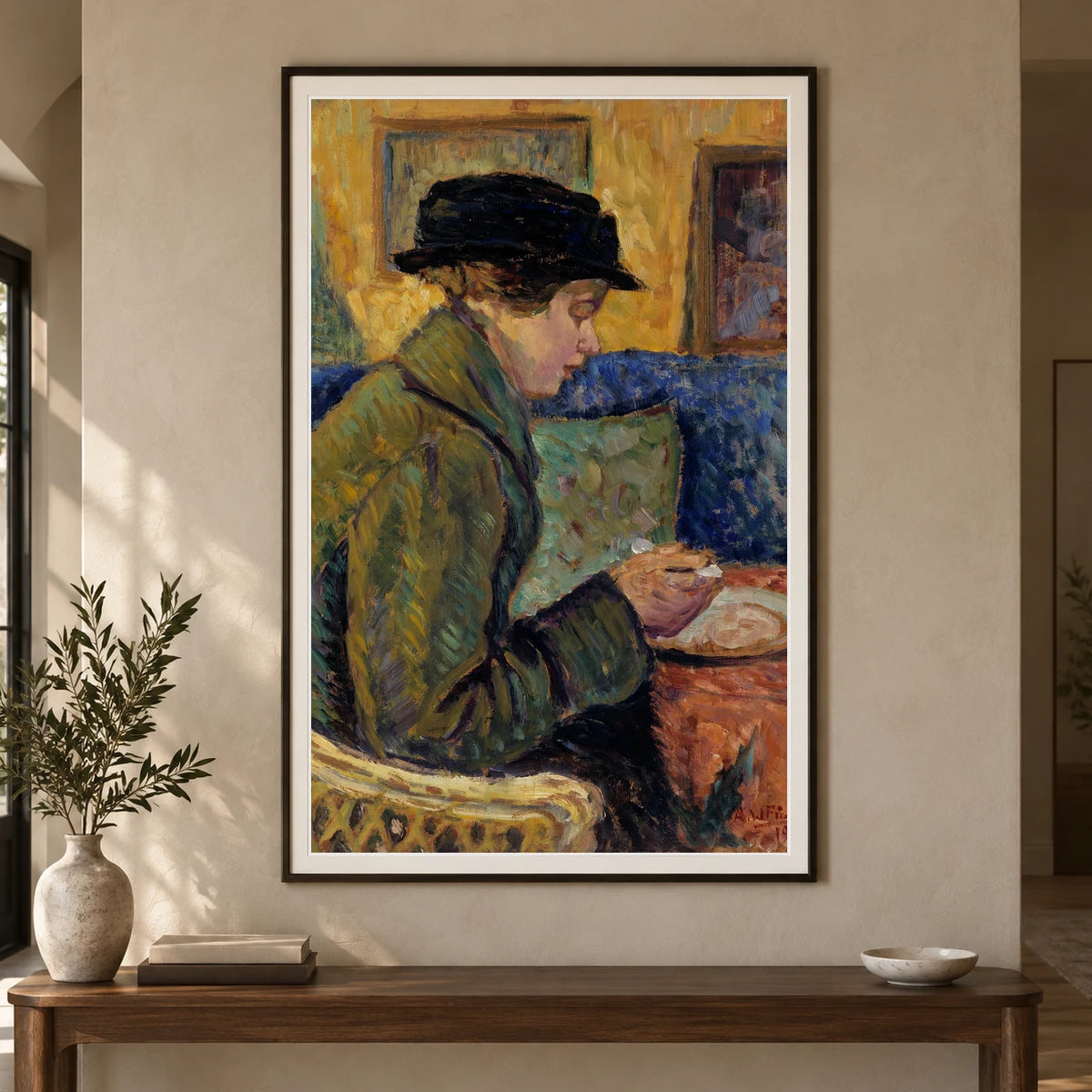 Woman In Profile, 1915, By Alfred William Finch — Neo-Impressionism shown in a styled interior