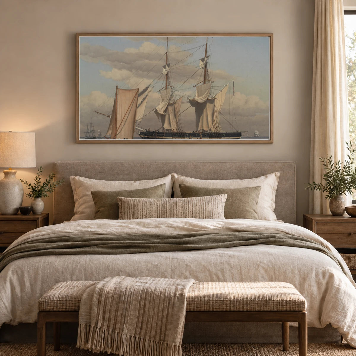 An American Naval Brig Lying At Anchor While Her Sails Are Drying By C.w. Eckersberg — Neoclassicism shown in a styled interior