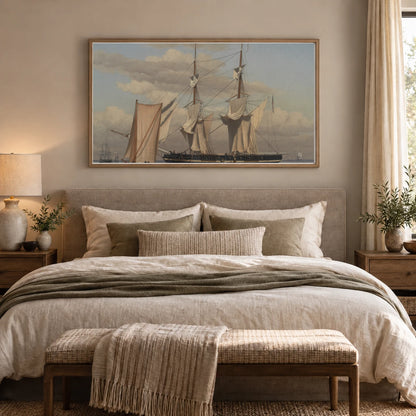 An American Naval Brig Lying At Anchor While Her Sails Are Drying By C.w. Eckersberg — Neoclassicism shown in a styled interior