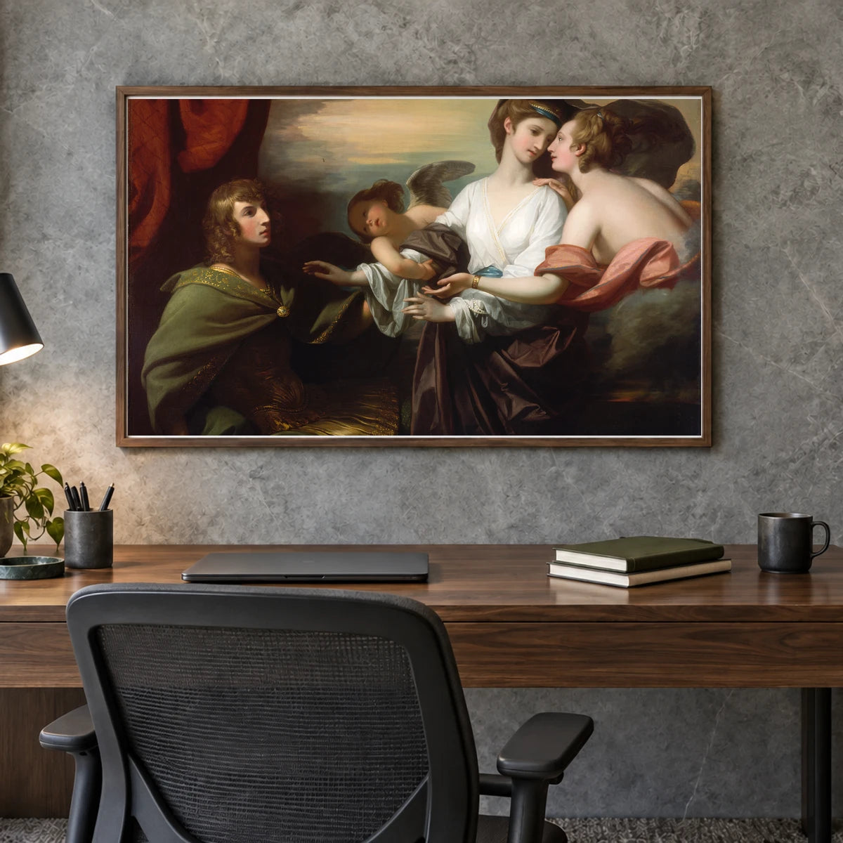 Helen Brought To Paris, Benjamin West — Neoclassicism shown in a styled interior