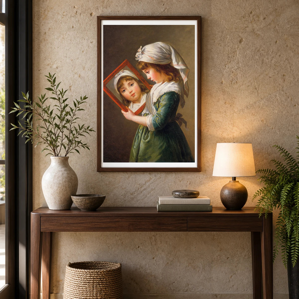 Julie Le Brun (1780–1819) Looking In A Mirror (1787), Vintage Little Girl Illustration By Elisabeth Louise Vigée Le Brun — Neoclassicism shown in a styled interior