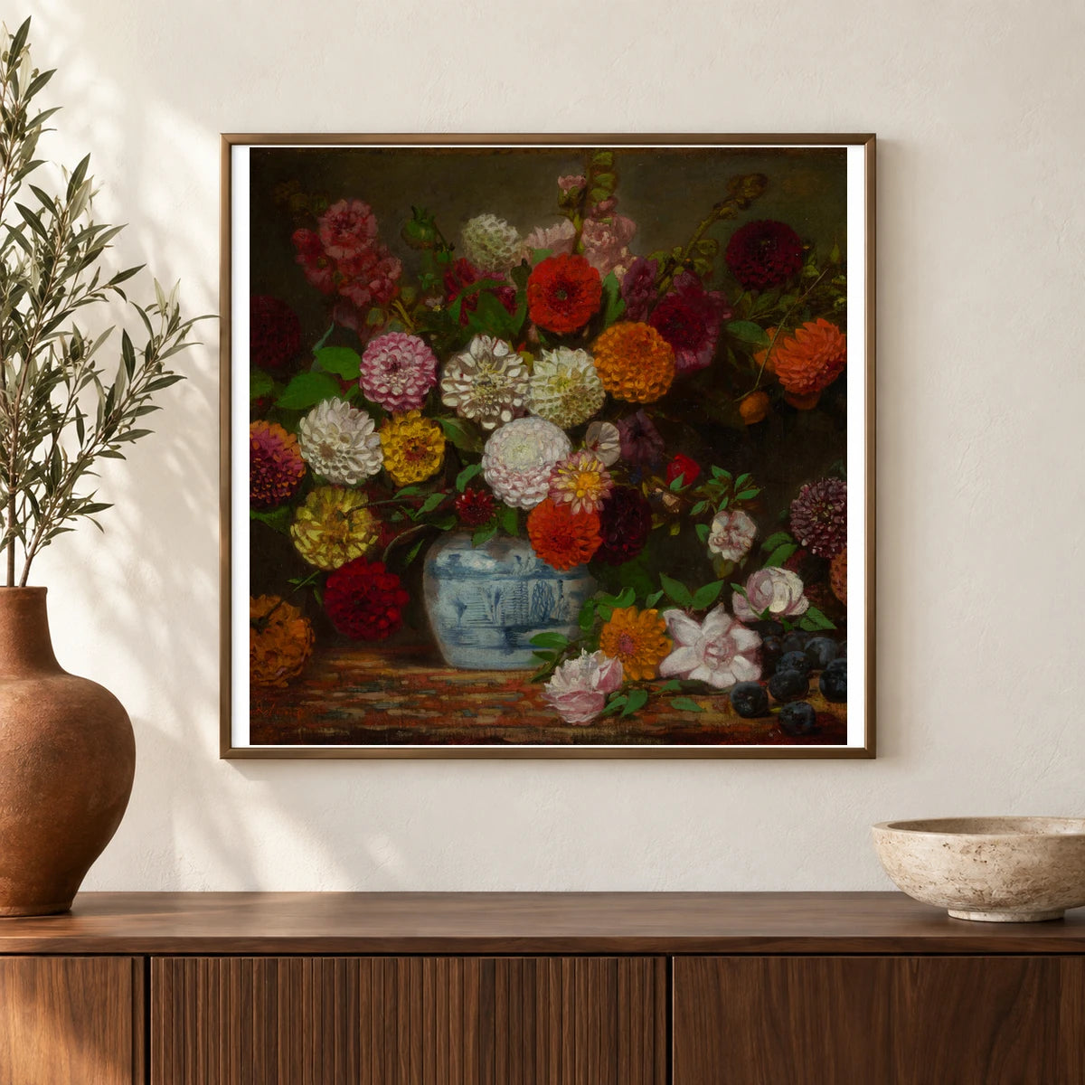 Large Bouquet Of Flowers Mostly Dahlias — Neoclassicism shown in a styled interior