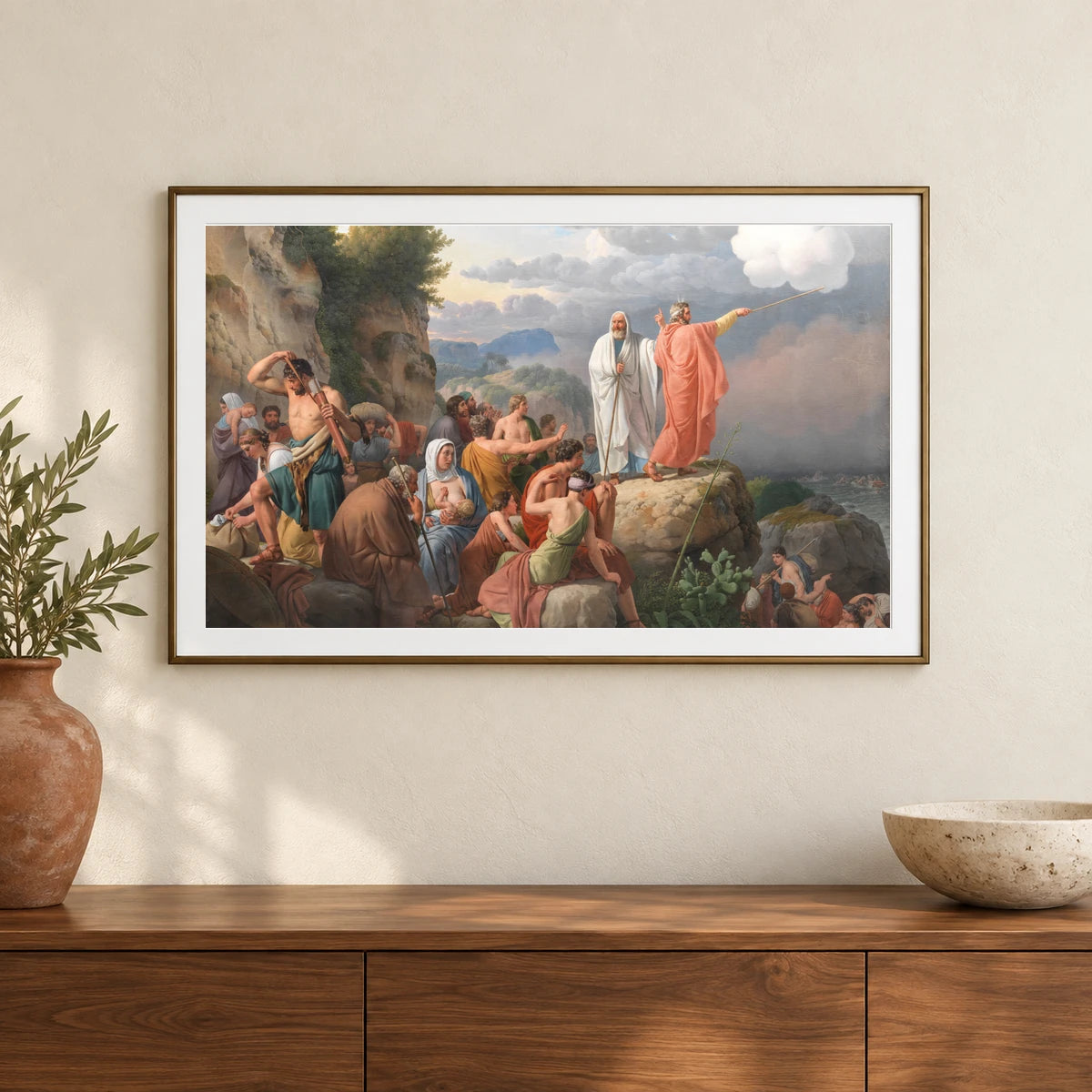 Moses Causes The Red Sea To Return And Pharaoh S Army Is Flooded By C.w. Eckersberg — Neoclassicism shown in a styled interior