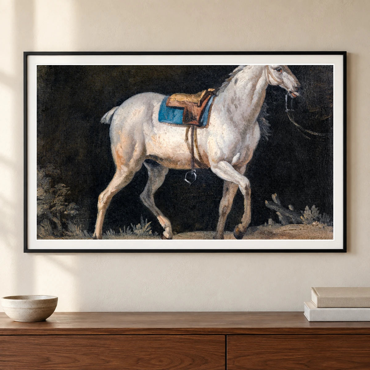 Saddled Gray Horse Walking Jacques–laurent Agasse — Neoclassicism shown in a styled interior