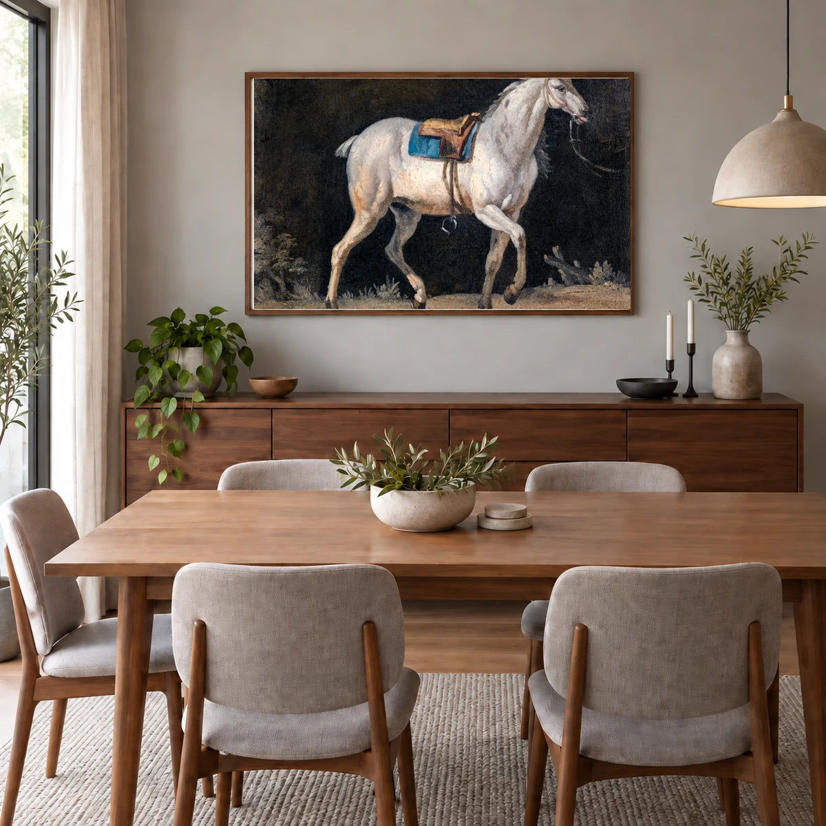 Saddled Gray Horse Walking Jacques–laurent Agasse — Neoclassicism shown in a styled interior