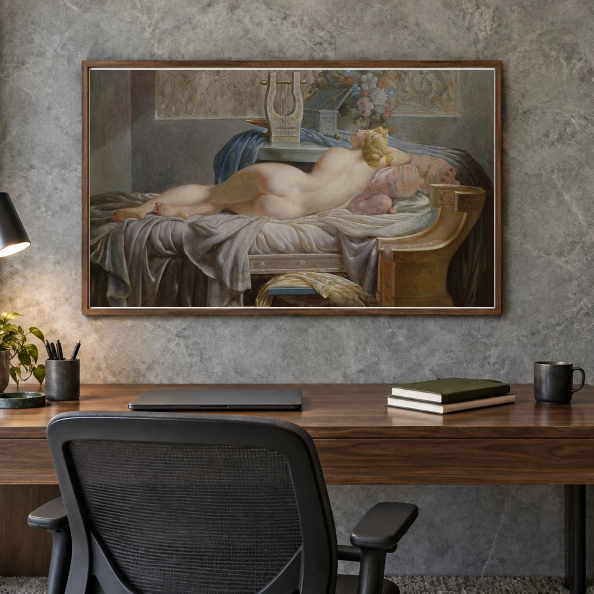 Sappho (1754–1829) Neoclassical By Jean Baptiste Regnault. — Neoclassicism shown in a styled interior