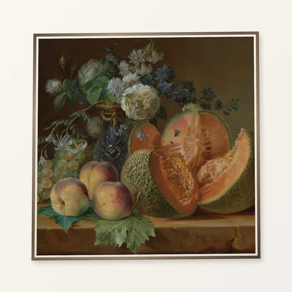 Still Life With A Vase Of Flowers, Melon, Peaches, And Grapes By Charlotte Eustache Sophie De Fuligny Damas, Marquise De Grollier — Neoclassicism neoclassicism print by SaamCrafts