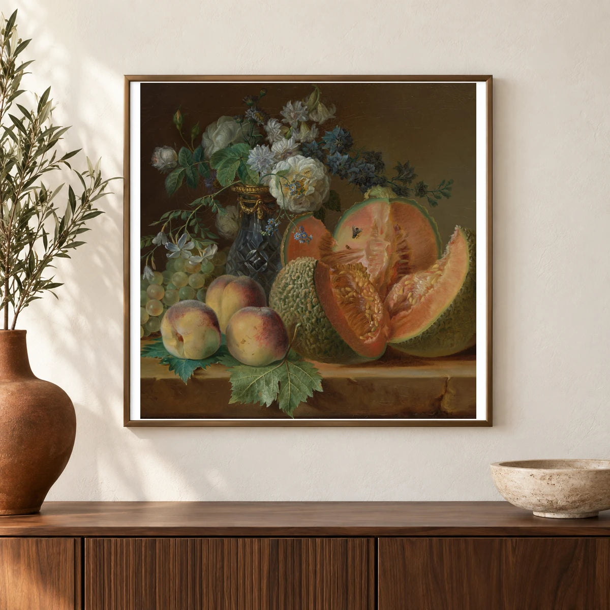 Still Life With A Vase Of Flowers, Melon, Peaches, And Grapes By Charlotte Eustache Sophie De Fuligny Damas, Marquise De Grollier — Neoclassicism shown in a styled interior