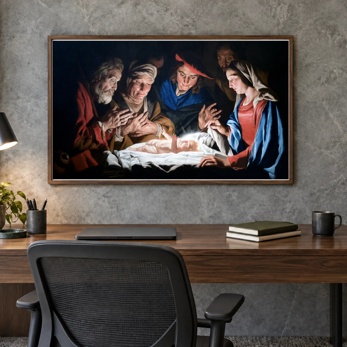 Adoration Of The Sheperds Matthias Stomer — Classical Art shown in a styled interior