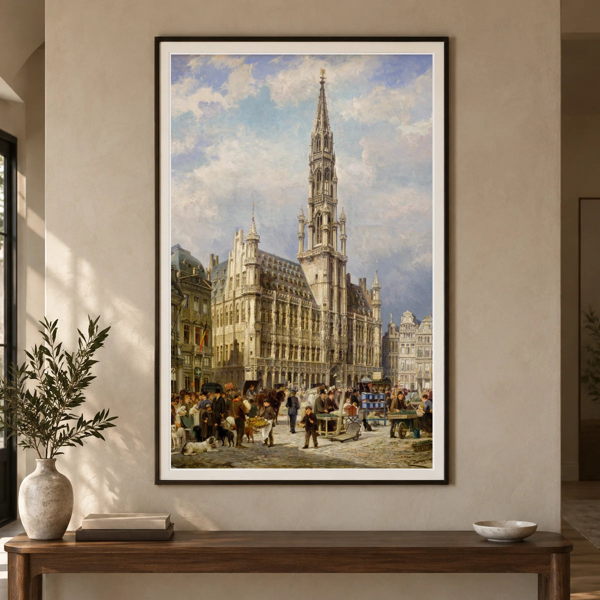 Brussels Grand Place In 1887 By Christiaan Dommershuijzen — Classical Art shown in a styled interior