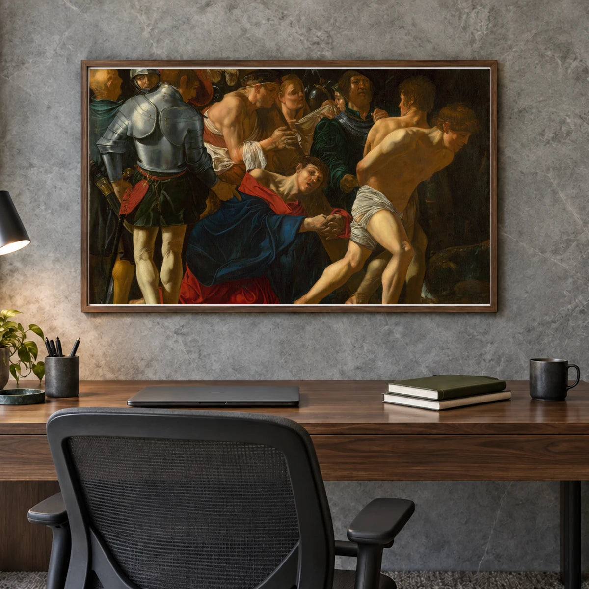 Christ Carrying The Cross, Cecco Del Caravaggio — Classical Art shown in a styled interior