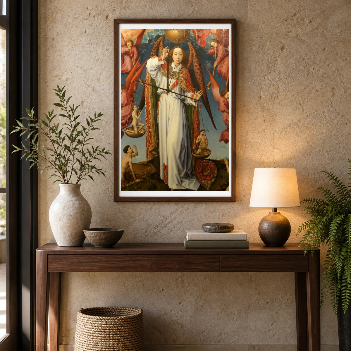 Close Up Of Archangel Saint Michael Weighing Souls, Altarpiece Of The Last Judgement — Classical Art shown in a styled interior