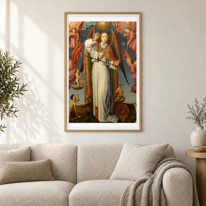 Close Up Of Archangel Saint Michael Weighing Souls, Altarpiece Of The Last Judgement — Classical Art shown in a styled interior