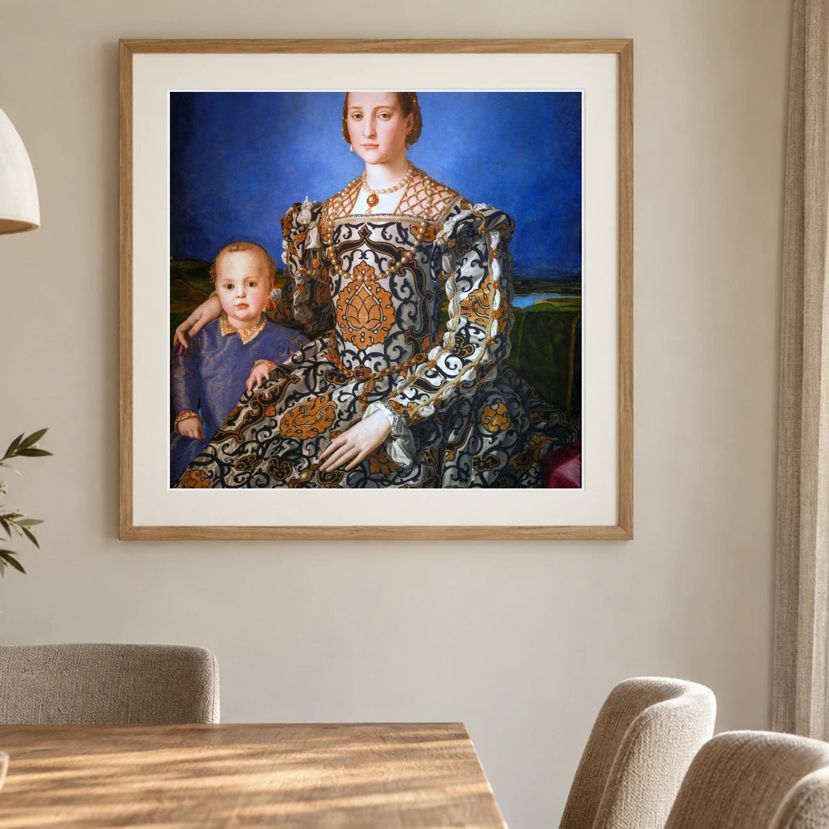Eleanor Of Toledo With Her Son Giovanni De Medici By Agnolo Bronzino — Classical Art shown in a styled interior