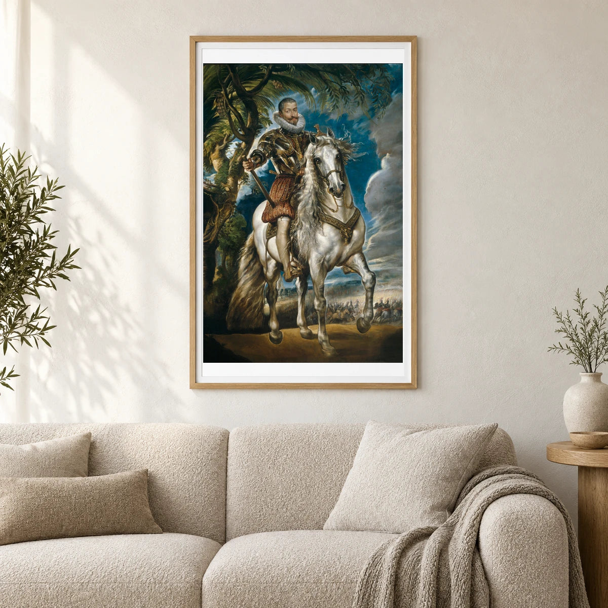 Equestrian Portrait Of The Duke Of Lerma (1603) Baroque Oil Painting By Peter Paul Rubens. — Classical Art shown in a styled interior