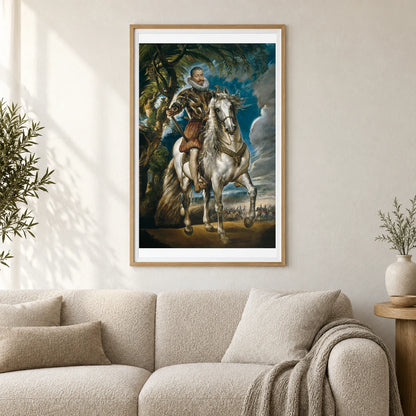 Equestrian Portrait Of The Duke Of Lerma (1603) Baroque Oil Painting By Peter Paul Rubens. — Classical Art shown in a styled interior