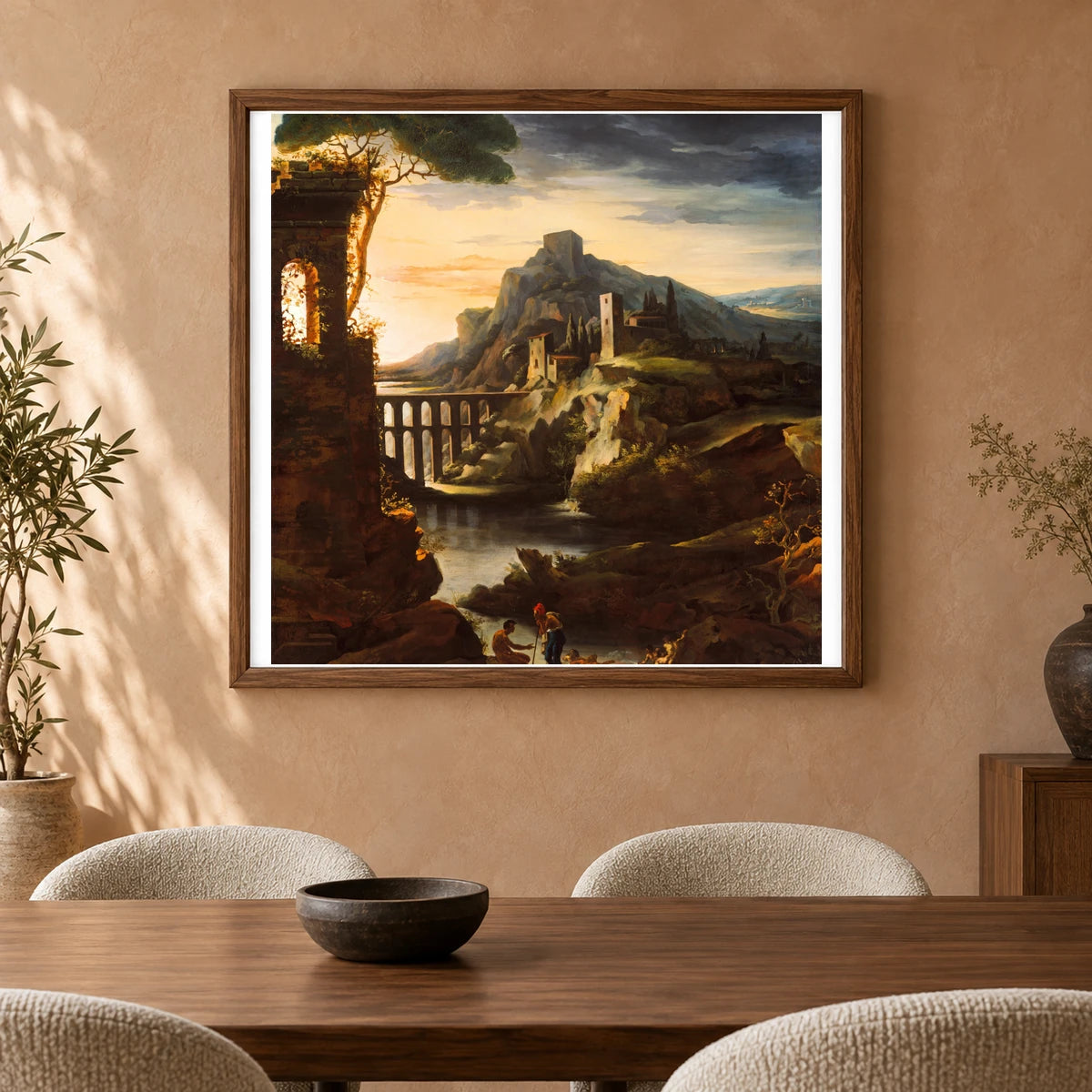 Evening Landscape With An Aqueduct By Théodore Gericault — Classical Art shown in a styled interior