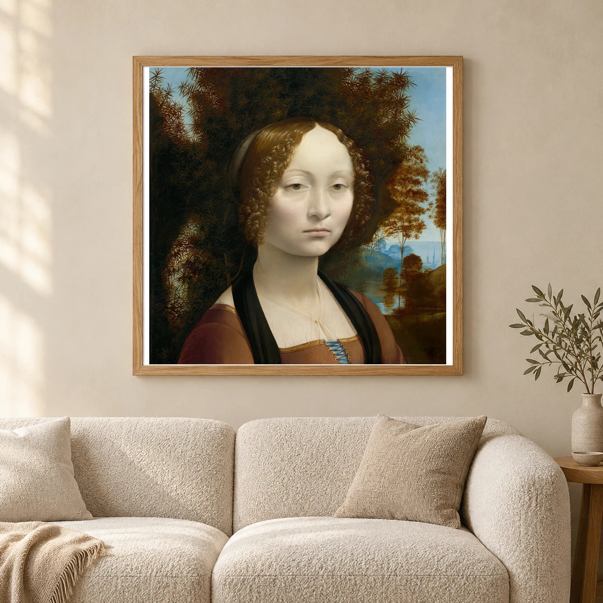 Ginevra De Benci (ca.1474–1478)by Leonardo Da Vinci — Classical Art shown in a styled interior