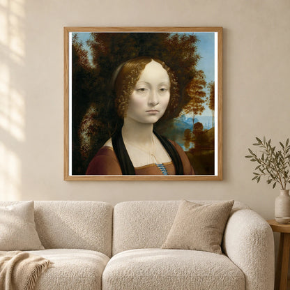 Ginevra De Benci (ca.1474–1478)by Leonardo Da Vinci — Classical Art shown in a styled interior