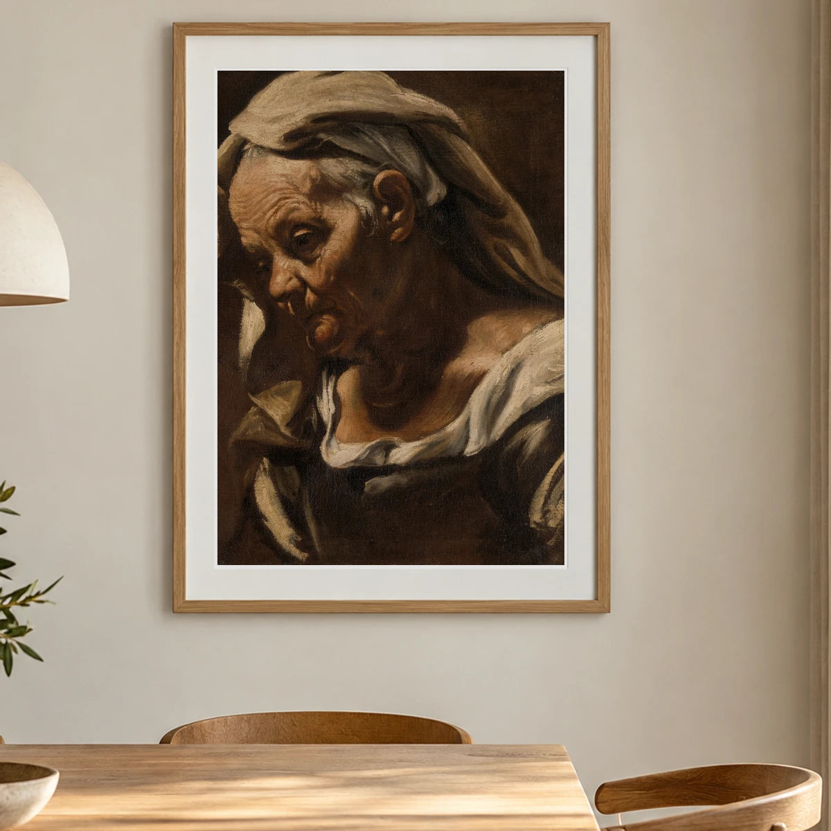 Head Of An Old Woman By Orazio Borgianni — Classical Art shown in a styled interior