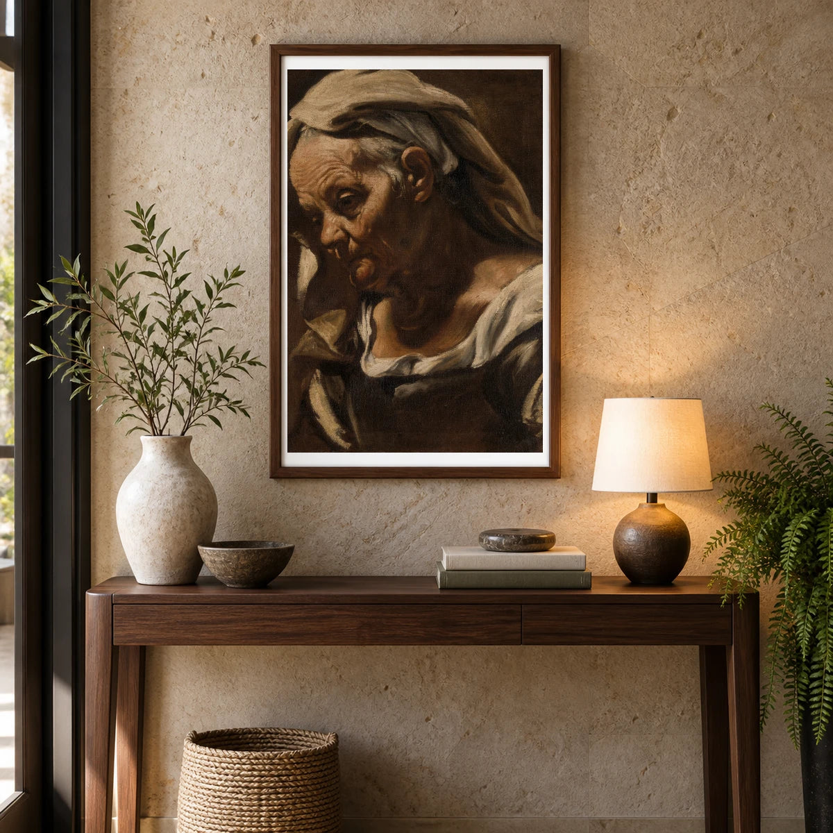 Head Of An Old Woman By Orazio Borgianni — Classical Art shown in a styled interior