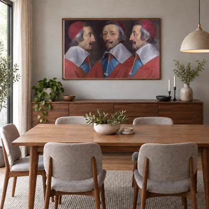 Hier Wird Das Gesicht Des Kardinals Von Allen Seiten Auf Einem Bild Dargestellt — Classical Art shown in a styled interior
