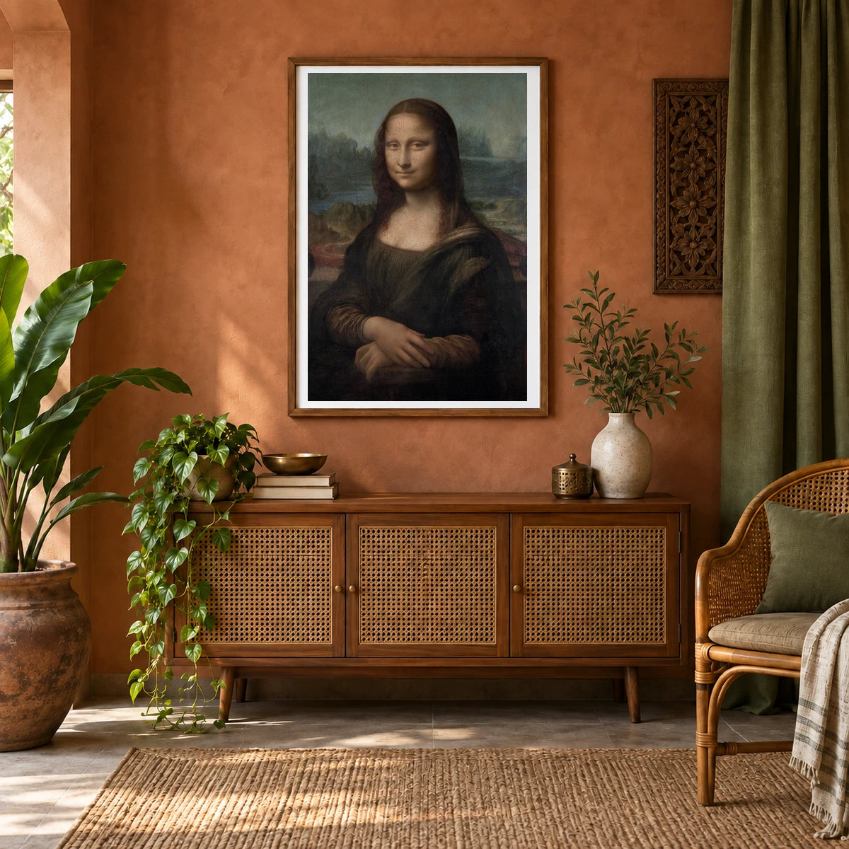 Leonardo Da Vinci S (1503–1506) Portrait Of Mona Lisa Del Giocondo — Classical Art shown in a styled interior
