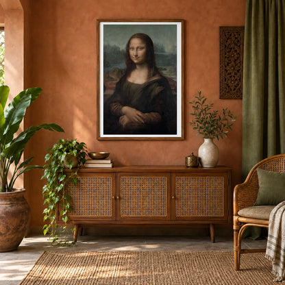 Leonardo Da Vinci S (1503–1506) Portrait Of Mona Lisa Del Giocondo — Classical Art shown in a styled interior
