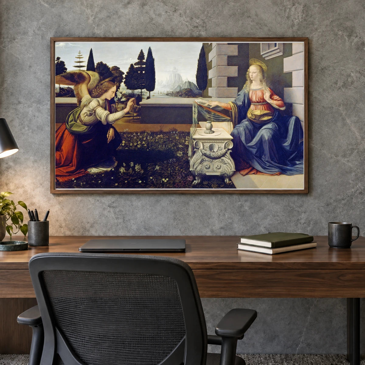 Leonardo Da Vinci S The Annunciation — Classical Art shown in a styled interior