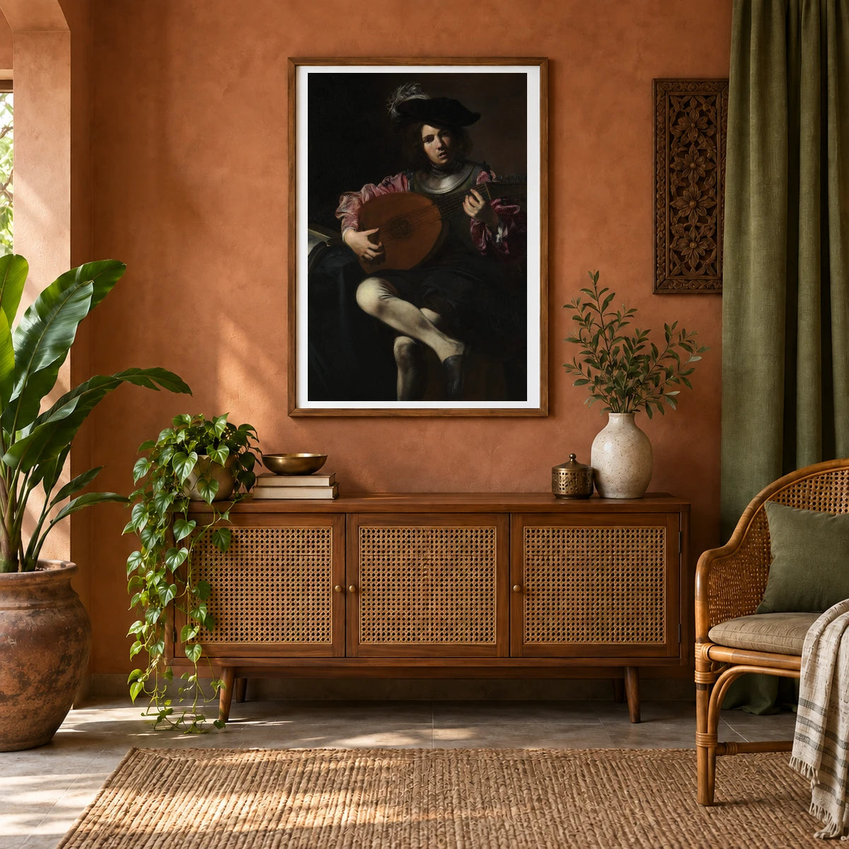 Lute Player By Valentin De Boulogne — Classical Art shown in a styled interior