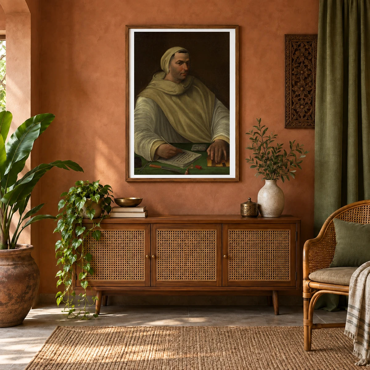 Portrait Of An Olivetan Monk, Attributed To Baldassare Tommaso Peruzzi — Classical Art shown in a styled interior