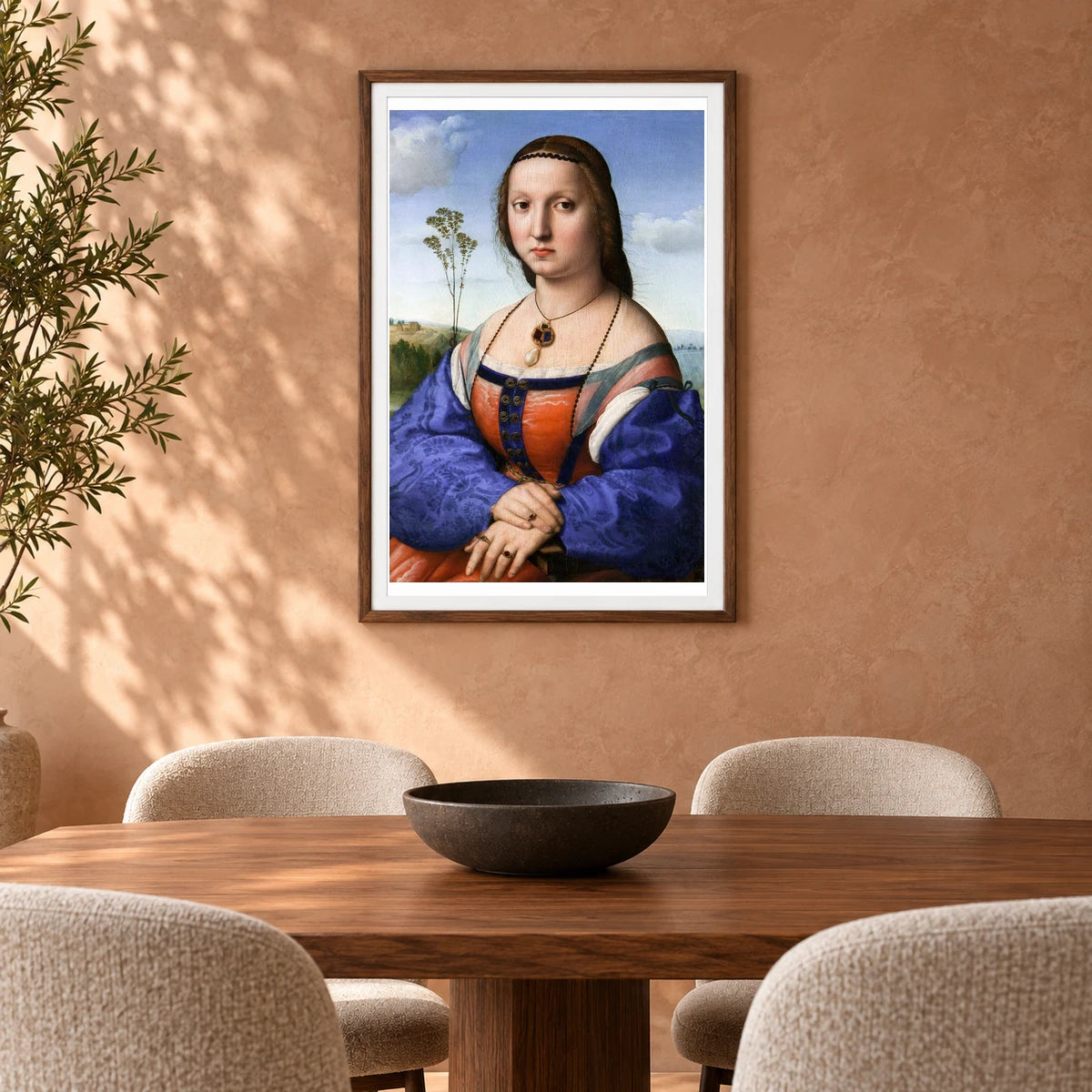 Raphael S Portrait Of Maddalena Strozzi Doni (ca. 1506) — Classical Art shown in a styled interior