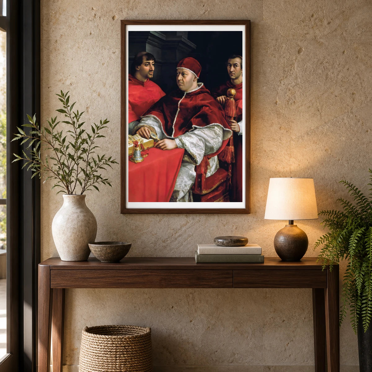 Raphael S Portrait Of Pope Leo X And His Cousins, Cardinals Giulio De Medici And Luigi De Rossi — Classical Art shown in a styled interior
