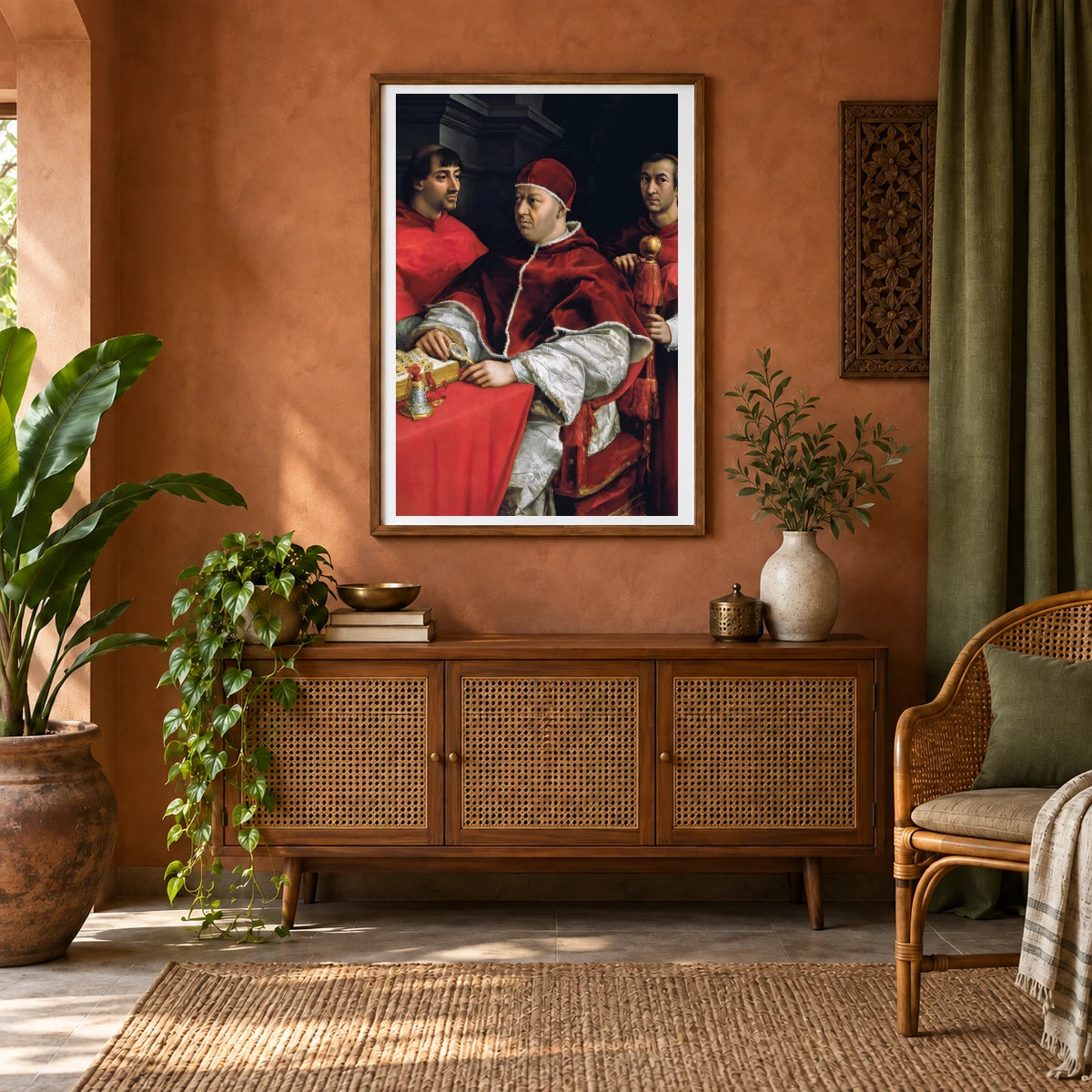 Raphael S Portrait Of Pope Leo X And His Cousins, Cardinals Giulio De Medici And Luigi De Rossi — Classical Art shown in a styled interior