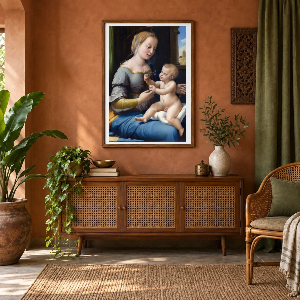 Raphael S The Madonna Of The Pinks — Classical Art shown in a styled interior