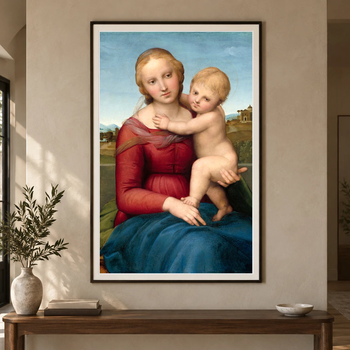 Raphael S The Small Cowper Madonna (ca. 1505) Famous Painting — Classical Art shown in a styled interior