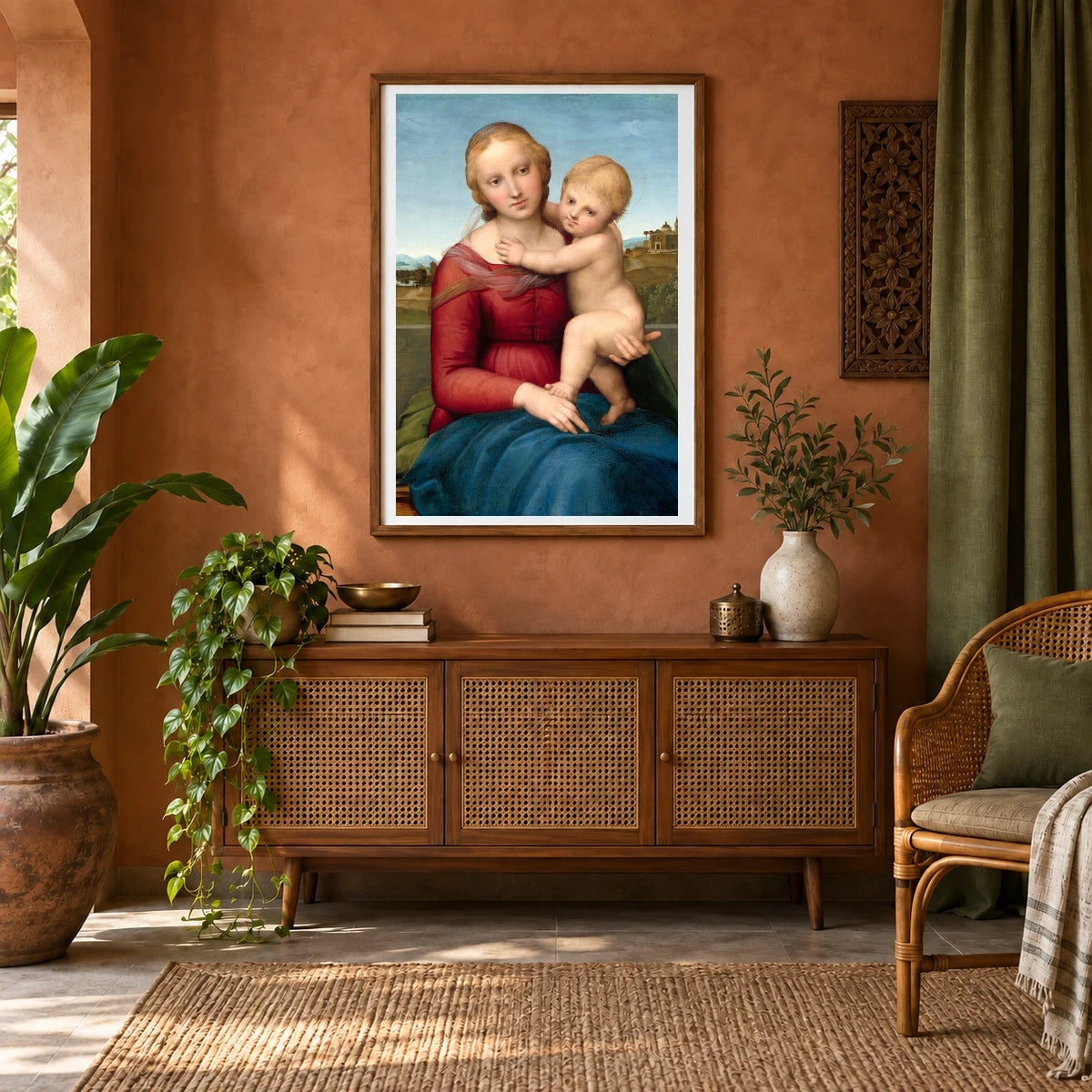 Raphael S The Small Cowper Madonna (ca. 1505) Famous Painting — Classical Art shown in a styled interior