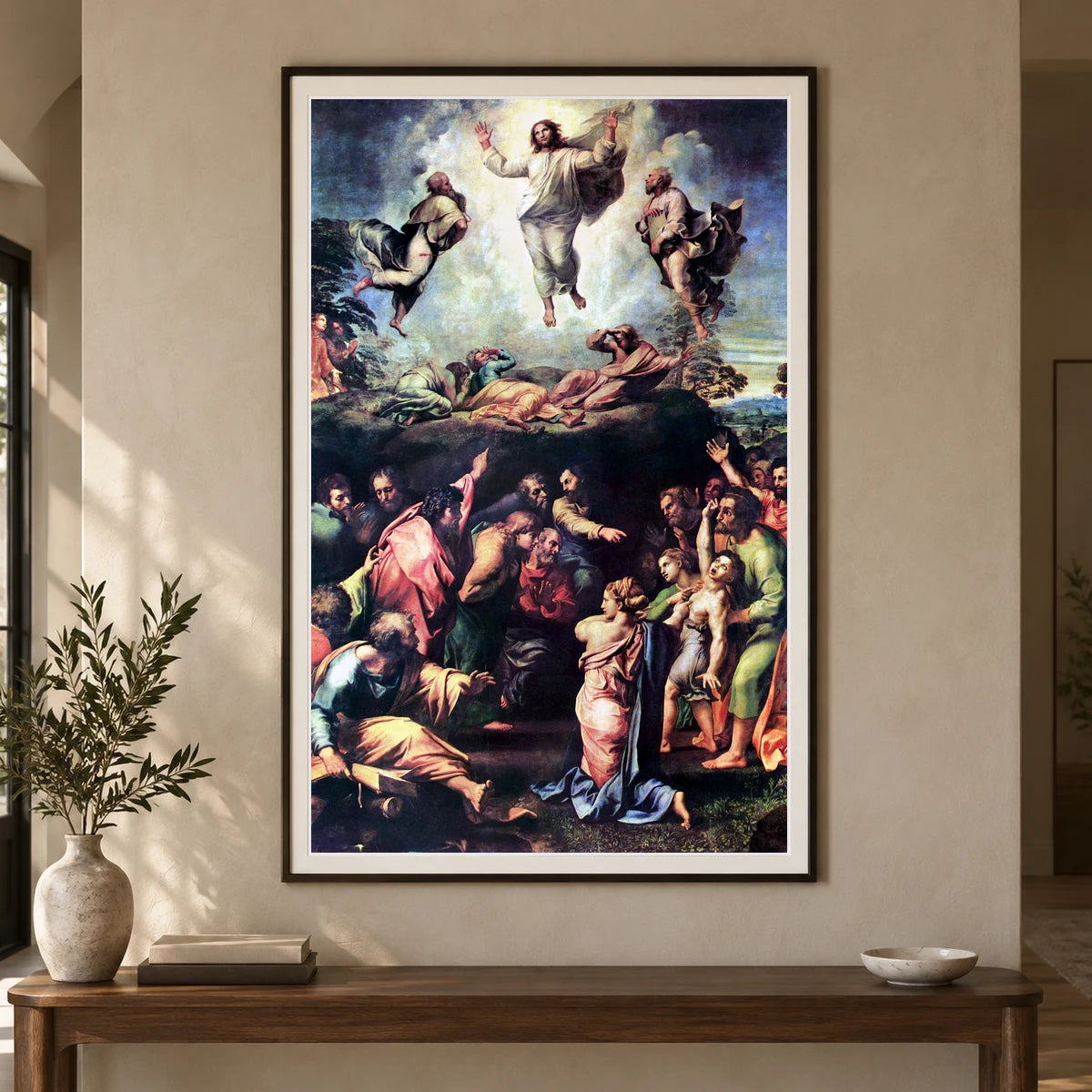 Raphael S Transfiguration (1516–1520) Famous Painting — Classical Art shown in a styled interior