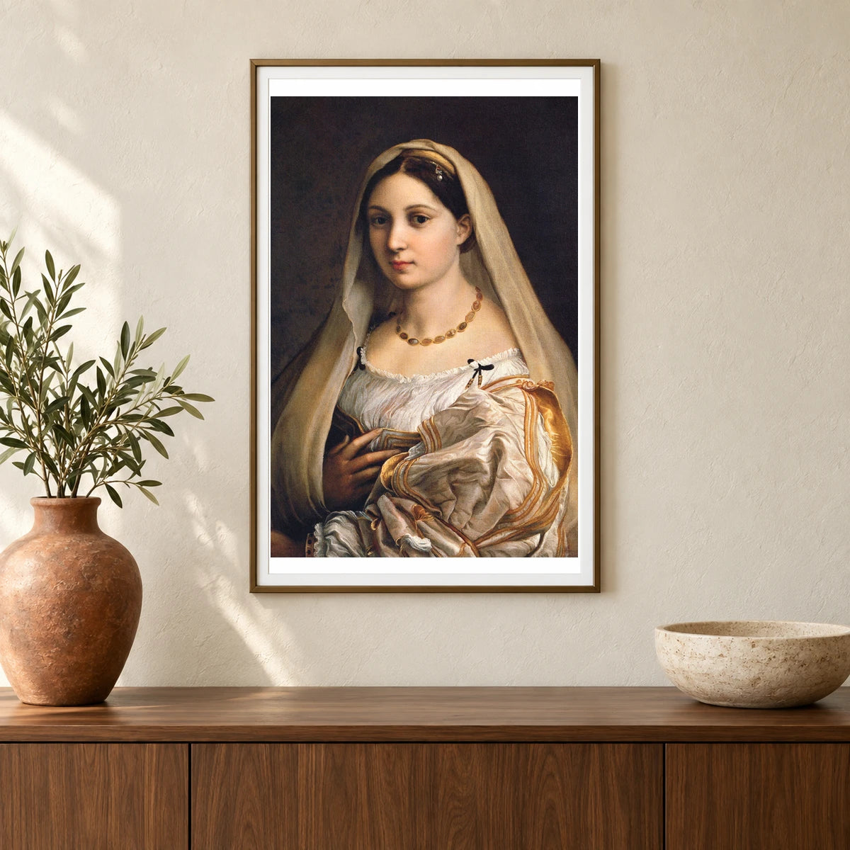 Raphael S Woman With A Veil (la Donna Velata) — Classical Art shown in a styled interior