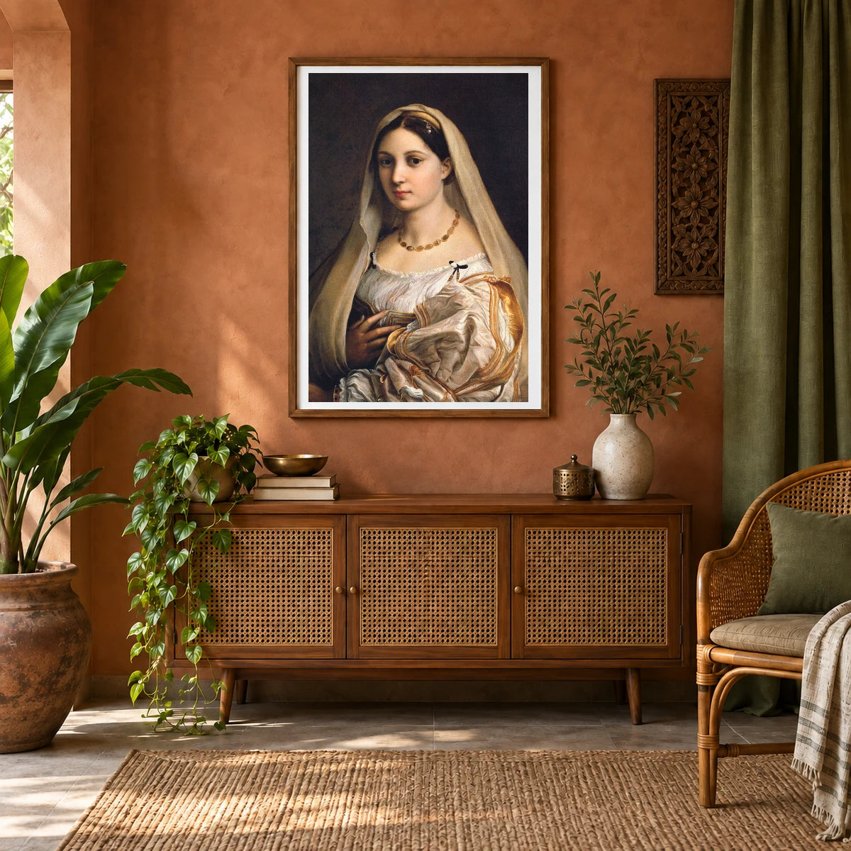 Raphael S Woman With A Veil (la Donna Velata) — Classical Art shown in a styled interior