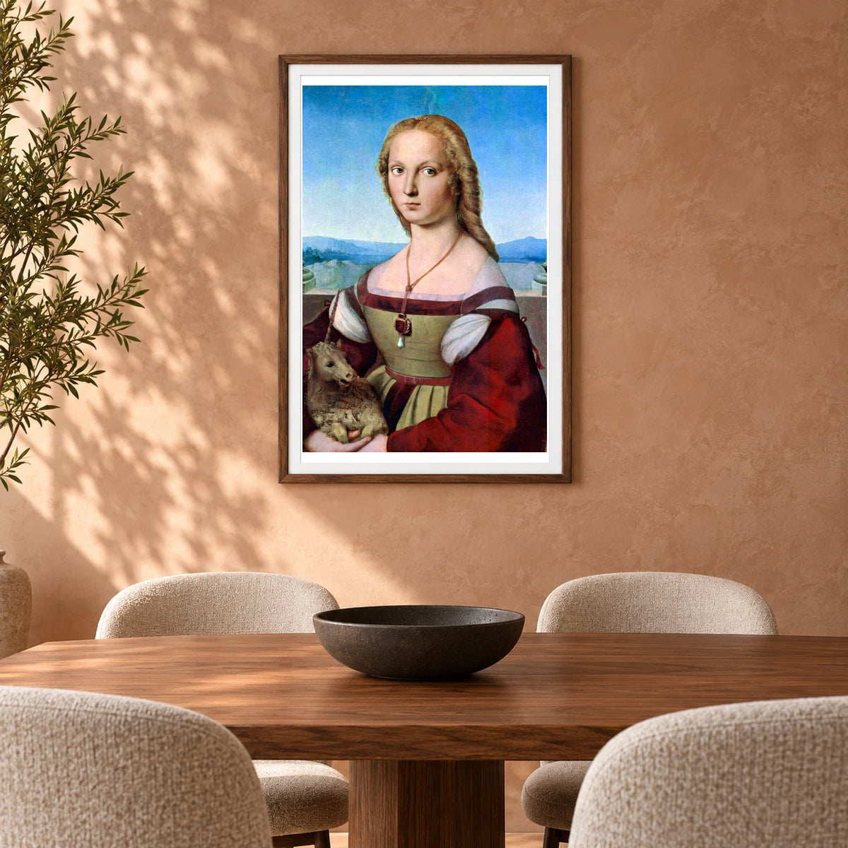 Raphael S Young Woman With Unicorn — Classical Art shown in a styled interior