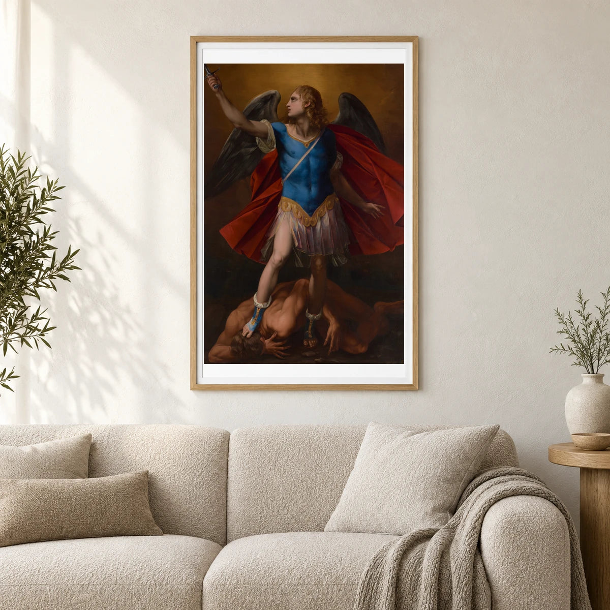 Standing Winged Male Figure With Long Curly Blonde Hair, Looking Up Toward Ulc — Classical Art shown in a styled interior